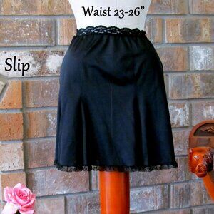 BLACK SLIP,  MINI OLGA HALF-SLIP, PETITE, WAIST 23- 26, LACE-EDGED NYLON VINTAGE
